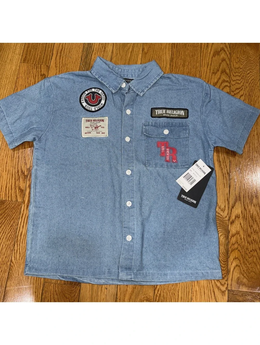 Size M (10/12 ) Boys True Religion Shirt Blue Chambray Denim Patch Button Up